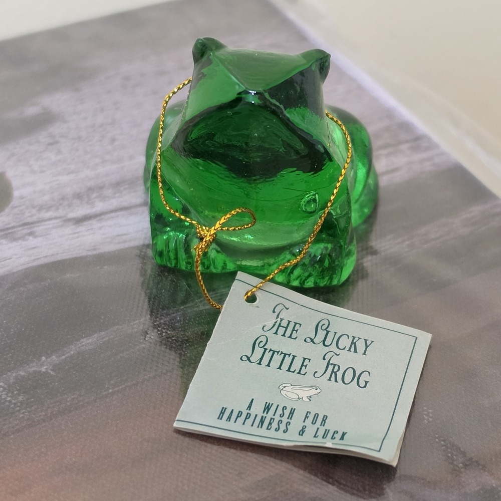 GANZ Art Glass Frog Figurine Paperweight Trinket 2.5" Green Frog Toad Story Card